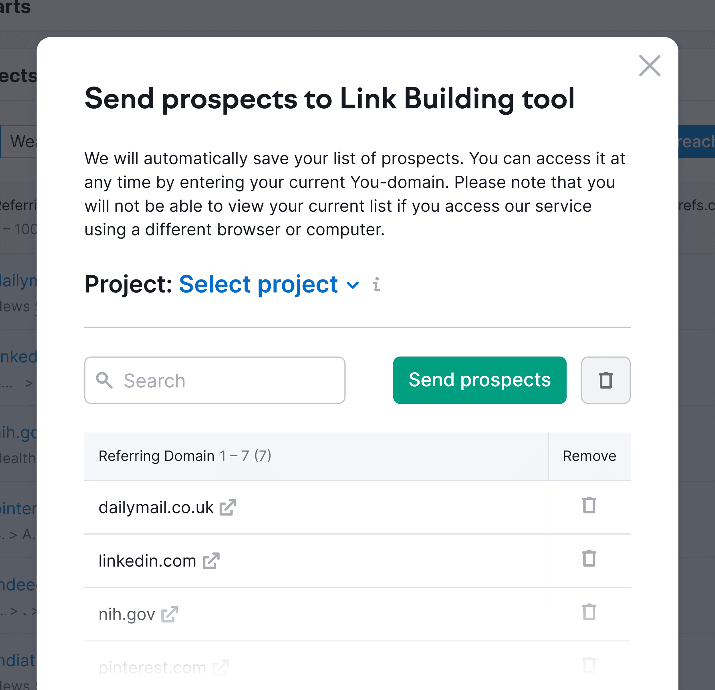 Send prospects to Link Building Tool